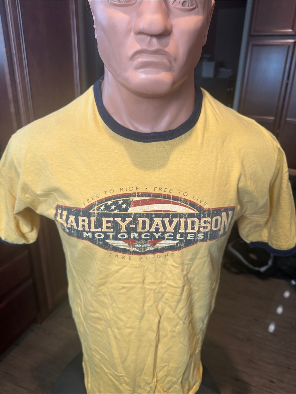 Harley-Davidson Yellow Tee with Black Ringer and Flag Graphic